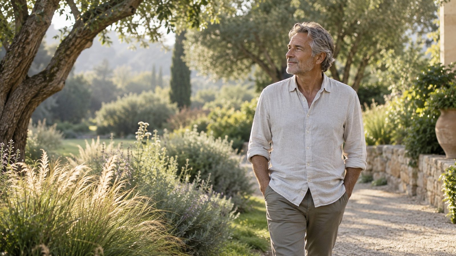 A man walking thoughtfully along a sunlit garden path