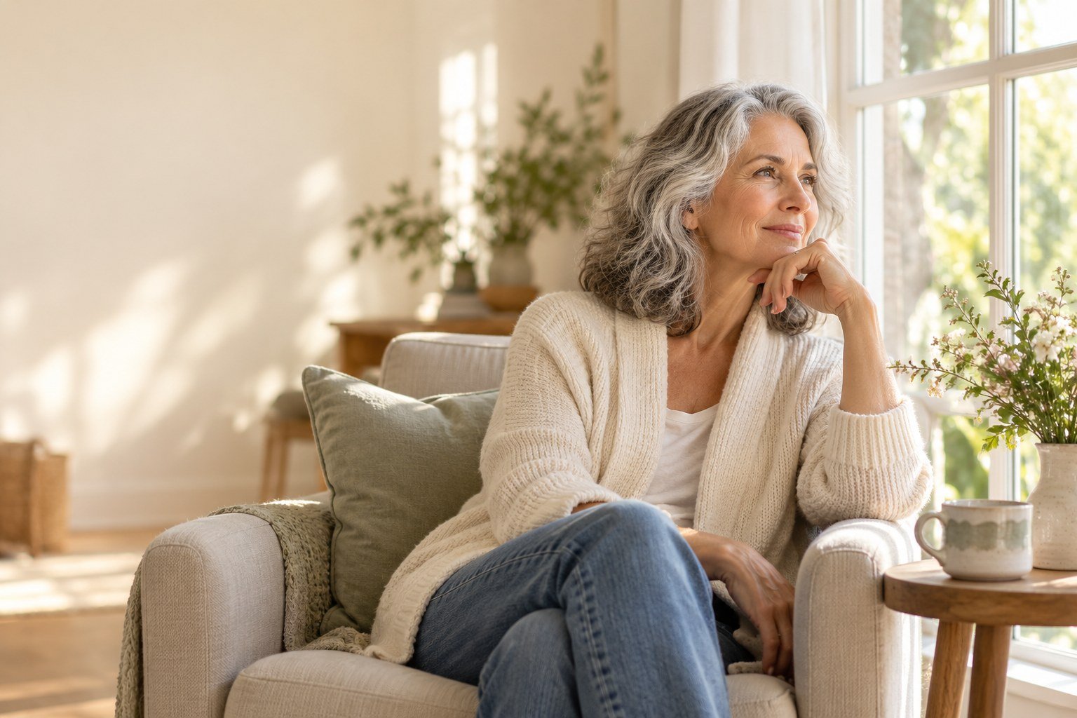 A woman sitting by a bright window in a quiet room